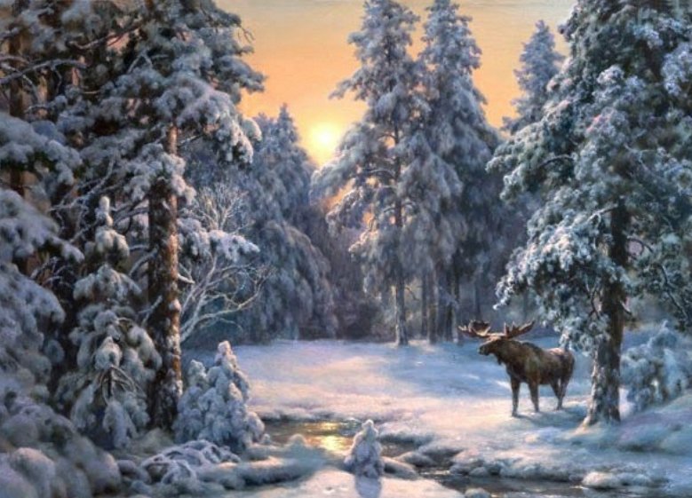 В зимнем лесу - животные, природа, зима, живопись, картина - оригинал
