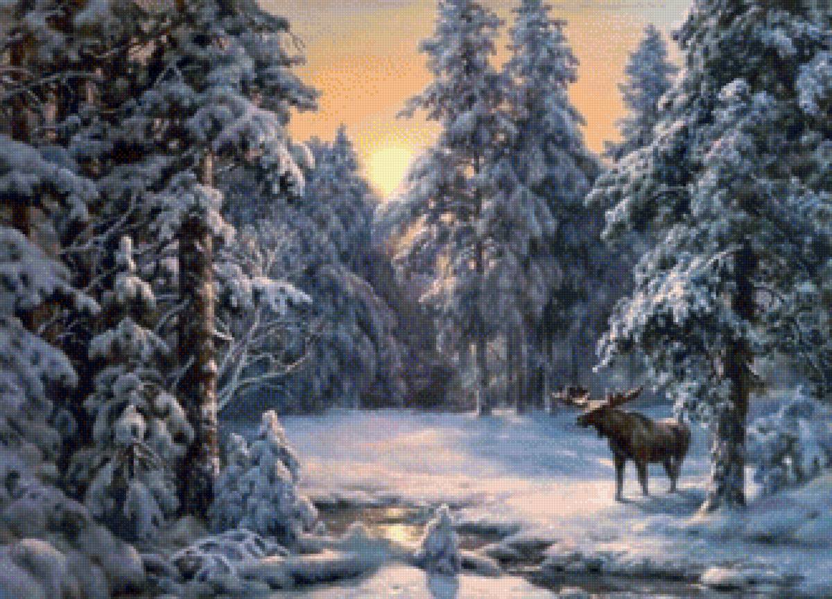 В зимнем лесу - живопись, животные, картина, природа, зима - предпросмотр