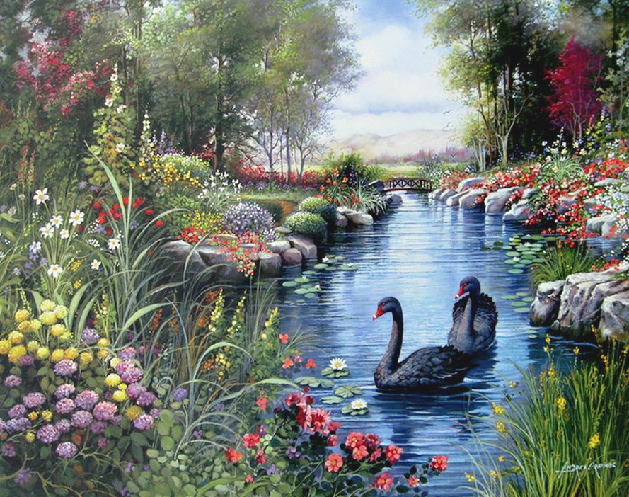 Черные лебеди на пруду - природа, лебеди, живопись, картина, вода - оригинал