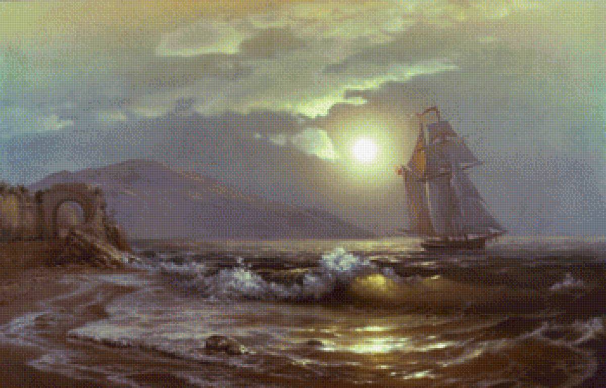 На закате - парусник, природа, живопись, море - предпросмотр