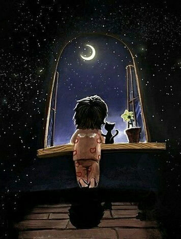 Тихая ночь - малыш, окно, котенок, ночь, луна, тишина - оригинал