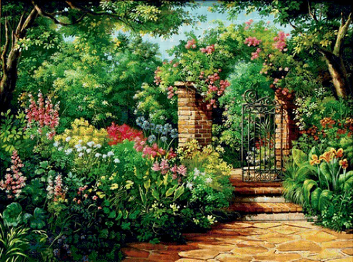 Цветущий сад - дорожка, деревья, цветы, сад - предпросмотр