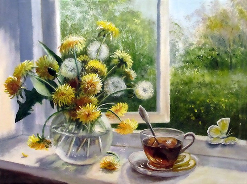 Натюрморт у окна - натюрморт у окна, чай, бабочка, цветы, одуванчики, окно - оригинал
