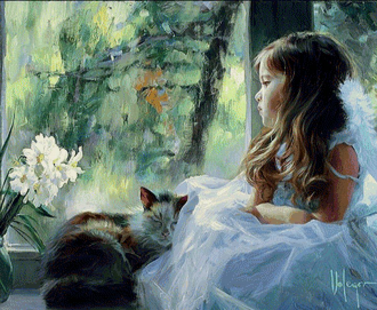 Девочка с котенком - кот, девочка, дети, картина, животные, живопись - предпросмотр