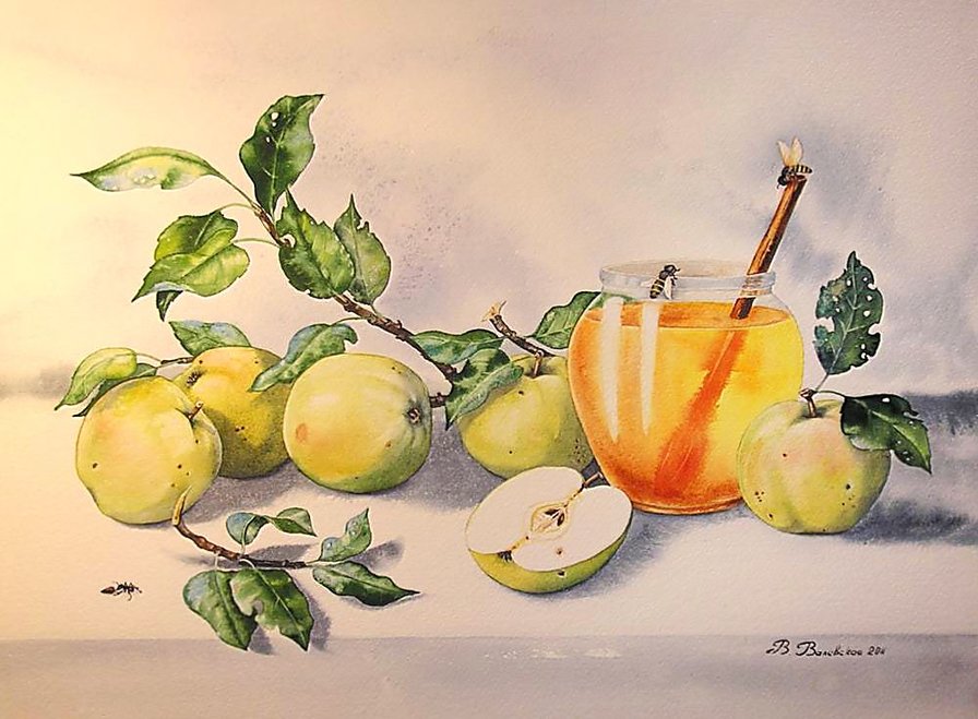 По картине В.Валевской. Натюрморт. - живопись., пчела, натюрморт, мед, яблоки - оригинал