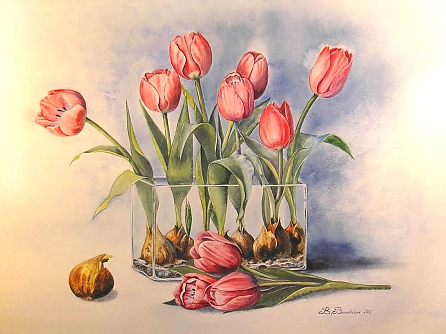 По картине В.Валевской. Натюрморт с тюльпанами. - живопись., натюморт, цветы, тюльпаны - оригинал