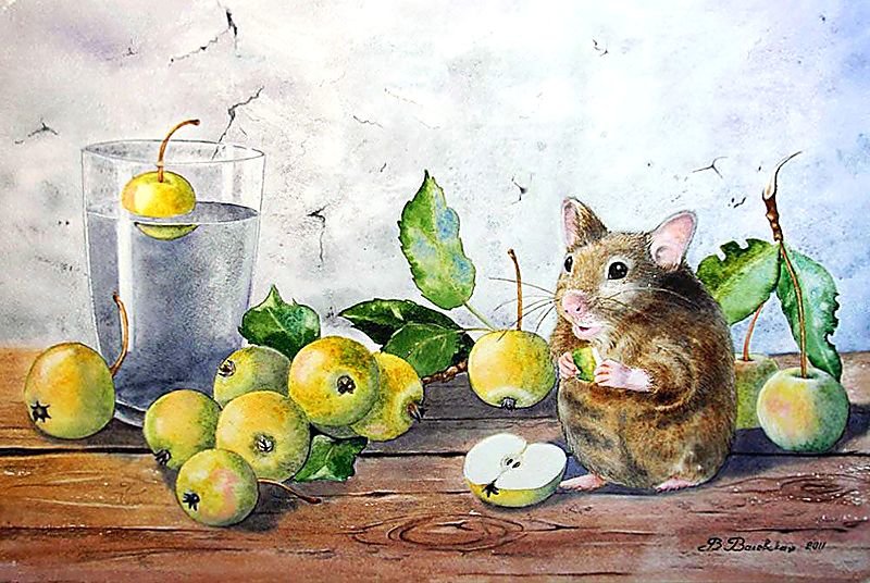 По картине В. Валевской. Натюрморт с яблоками и мышкой. - натюрморт, живопись., мышь, яблоки - оригинал