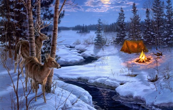 Зима - картина, природа, животные, зима, живопись - оригинал