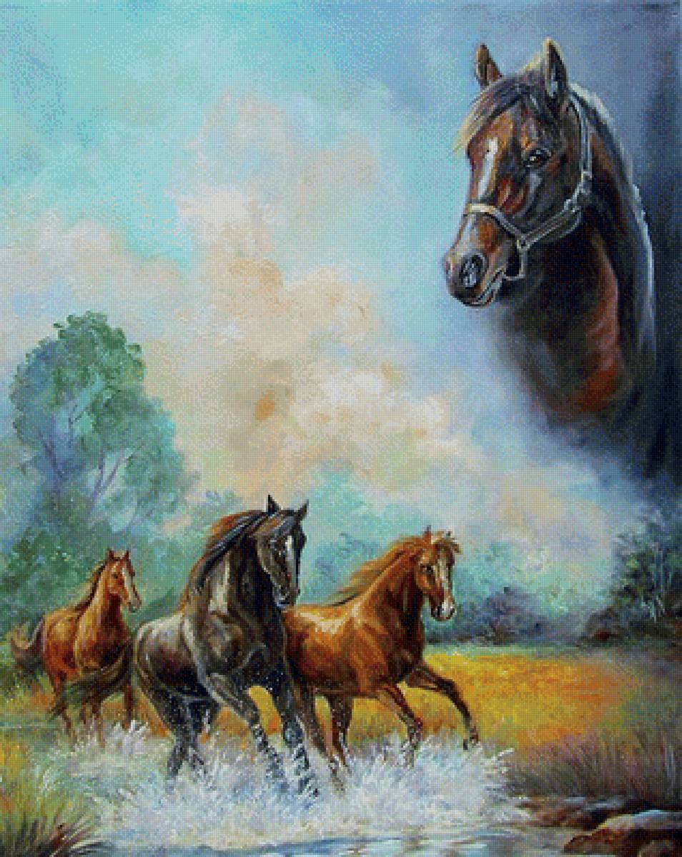 Лошади - природа, лошади, река, пейзаж - предпросмотр