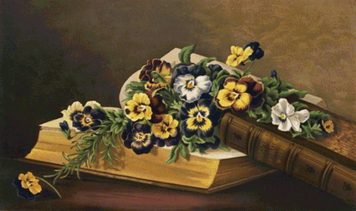 Композиция с книгой - анютиные глазки, книга, цветы - предпросмотр