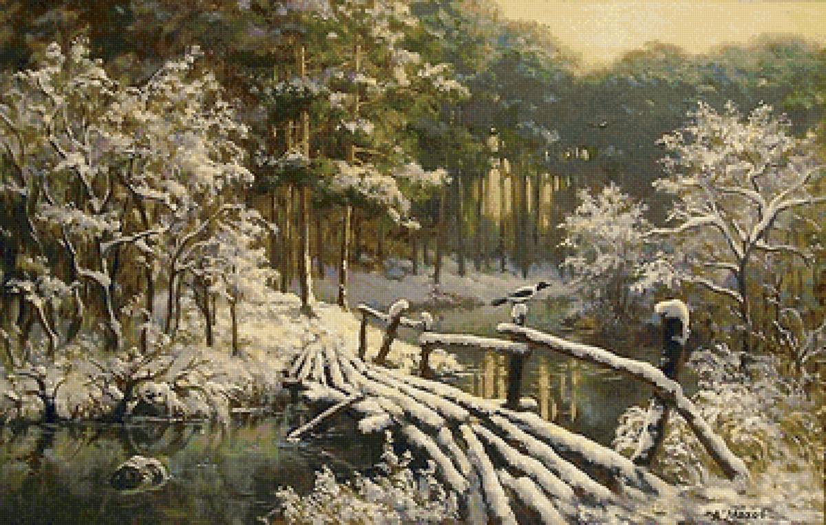 По картине А,Мохова - пейзаж, зимняя речка, зимний лес - предпросмотр
