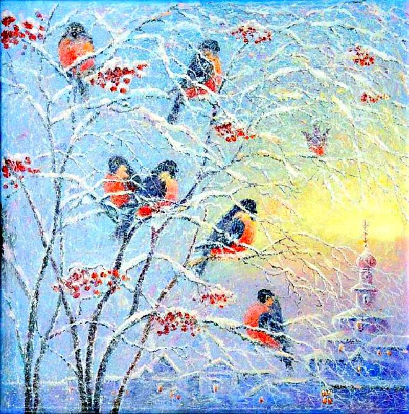 Снегири на рябине - снегири, рябина - оригинал
