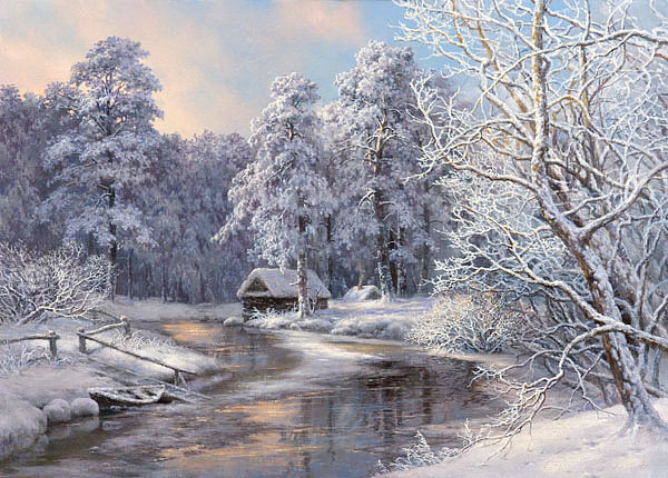 зимний лес - новый год, картина, зима, лес, река, снег, природа, избушка - оригинал
