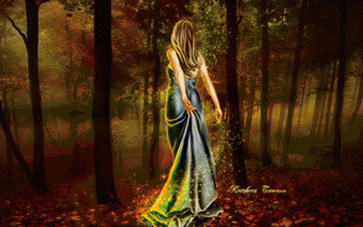 девушка в лесу - девушка, спина, лес, фентези - предпросмотр