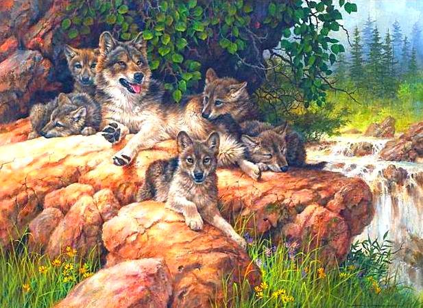 волчья семья - пейзаж, картина, животные, природа - оригинал