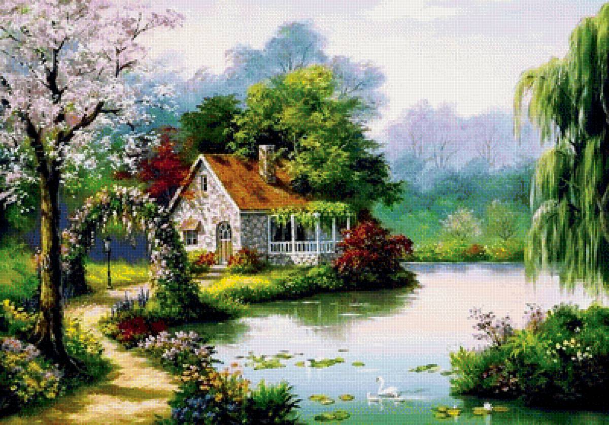 дом у воды - природа, картина, пейзаж - предпросмотр