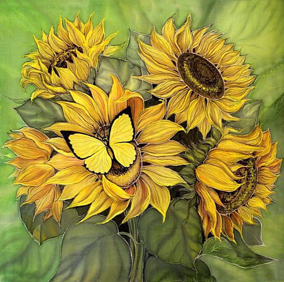 №1415430 - цветы, бабочка, подсолнухи, натюрморт - оригинал