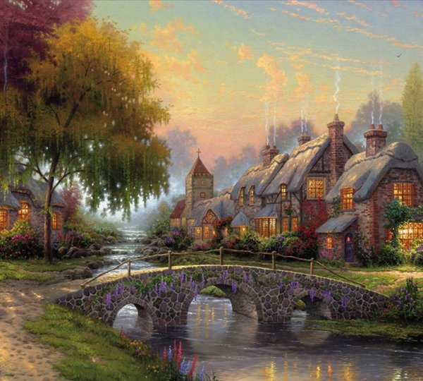 Сказочный пейзаж - пейзаж, деревня, деревья, вечер, мост, городок, сказка - оригинал