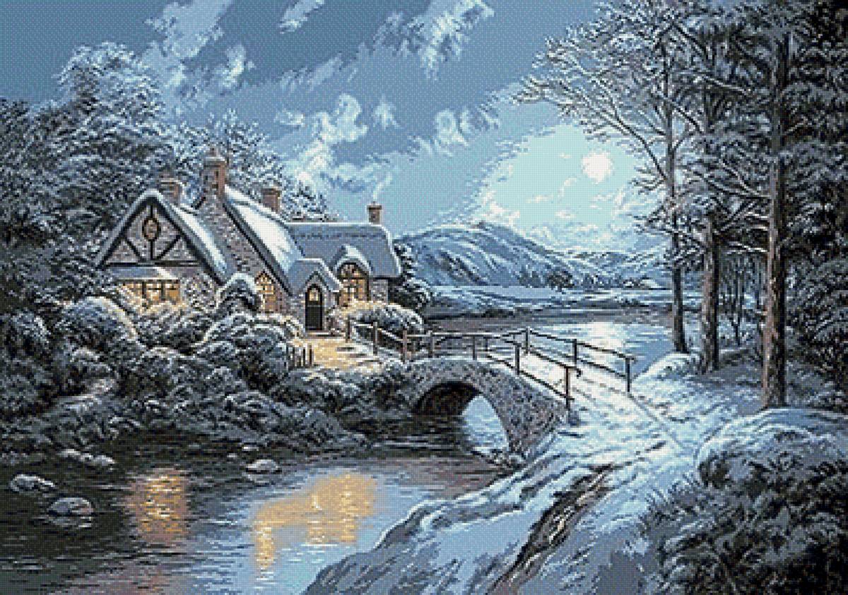 Зимний пейзаж - мост, домик, зима - предпросмотр