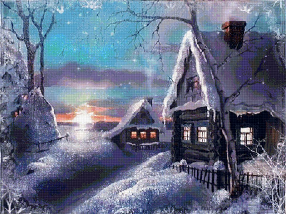 Зимний вечер - зима, дым, деревня, солнце, дом, деревья, снег, лед - предпросмотр