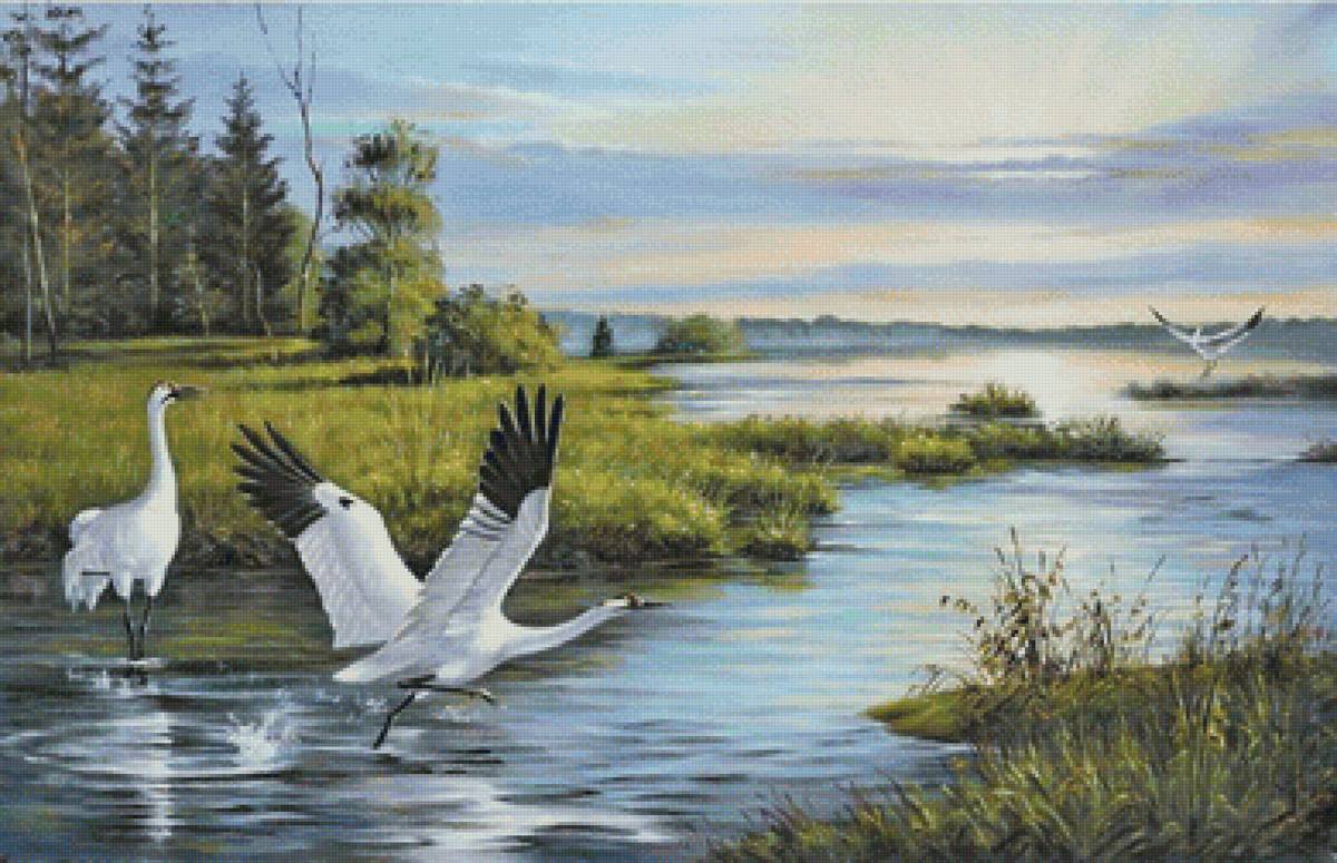 Худ. Григорьева Н. - журавли, природа, птицы, пейзаж - предпросмотр