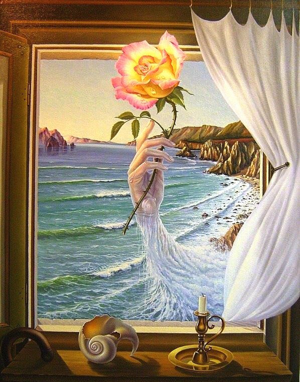 Сюрреализм - пляж, окно, рука с цветком, море, роза, прибой - оригинал