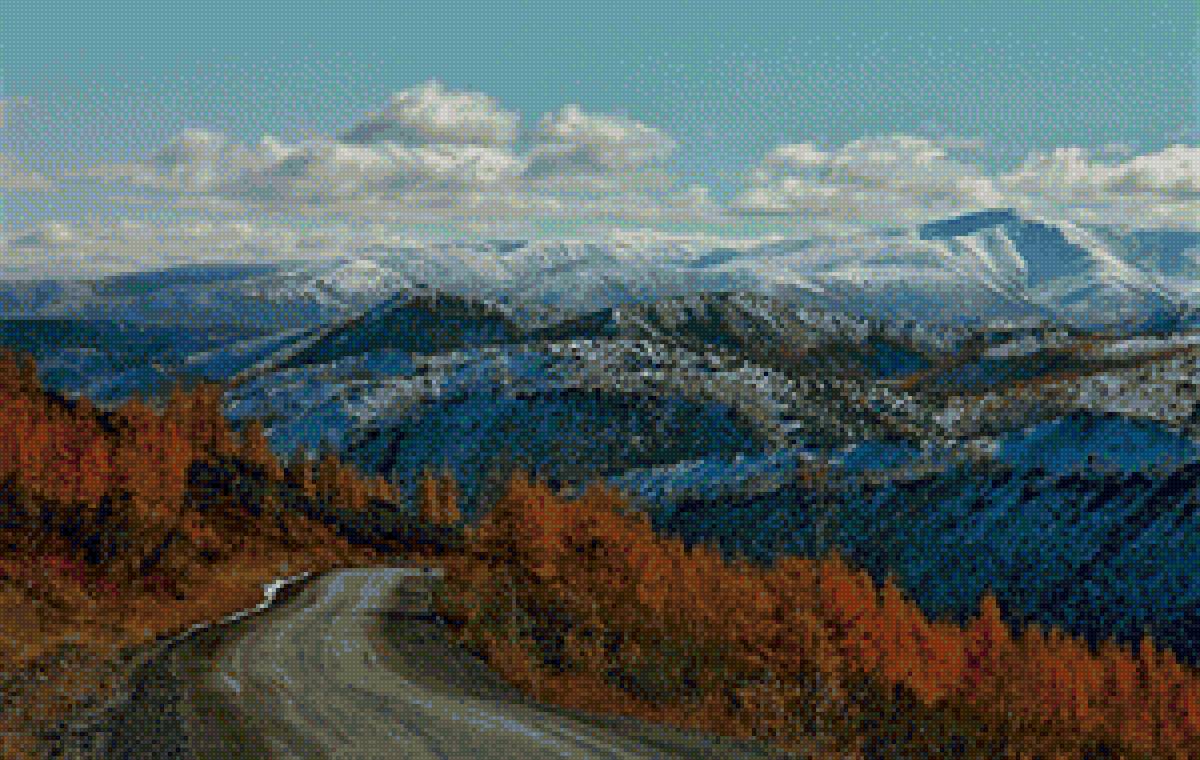 Колымская трасса осенью - лиственницы, трасса, сне, сопки, сентябрь, осень, колыма, дорога - предпросмотр