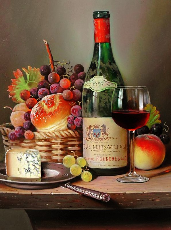 Вино Кот де Нюи-Вилляж - еда, вино, хлеб, корзина, натюрморт, персик, сыр, виноград - оригинал