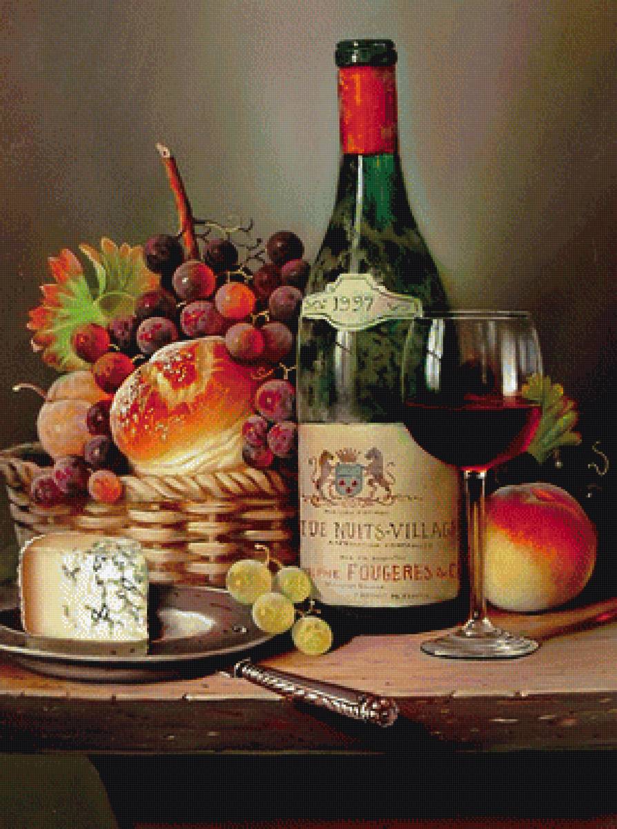 Вино Кот де Нюи-Вилляж - натюрморт, виноград, еда, корзина, вино, хлеб, персик, сыр - предпросмотр