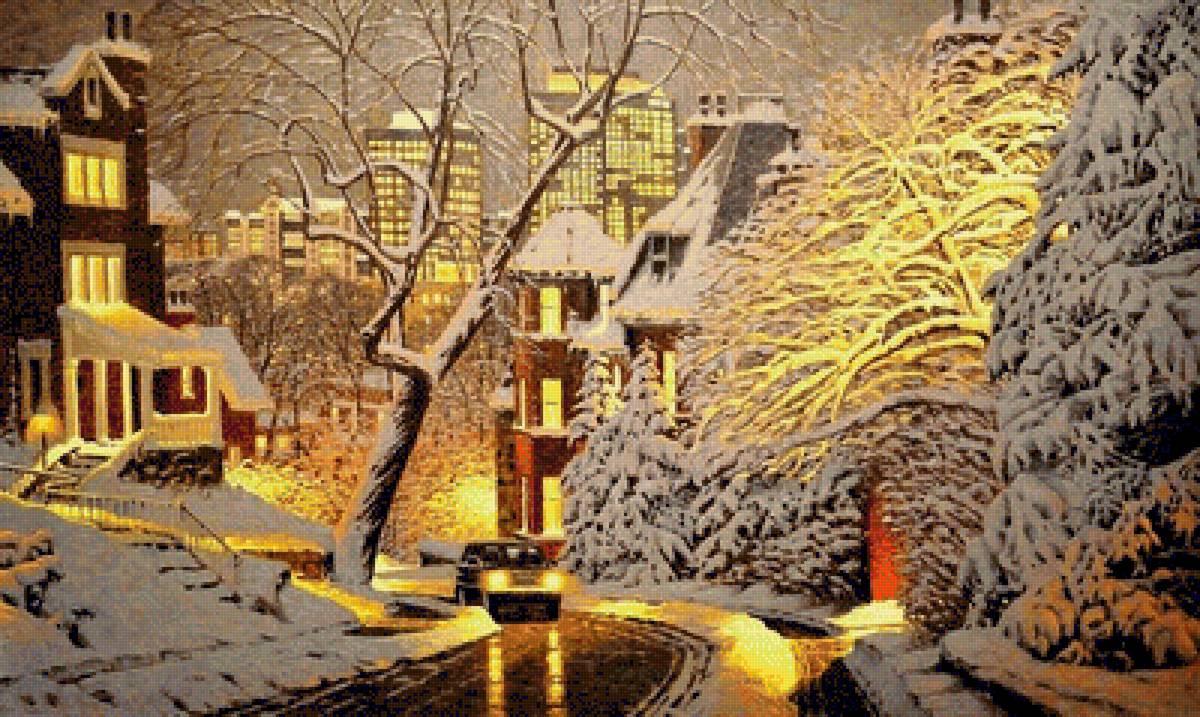 зимний пейзаж - зима, машина, дом, фонарь - предпросмотр