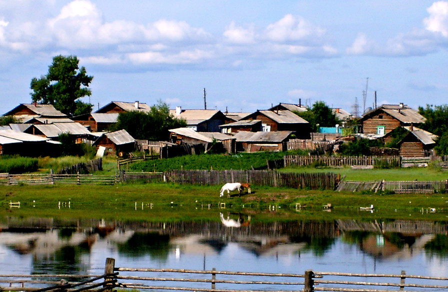 село - село, деревня, дома, лошадь, речка - оригинал