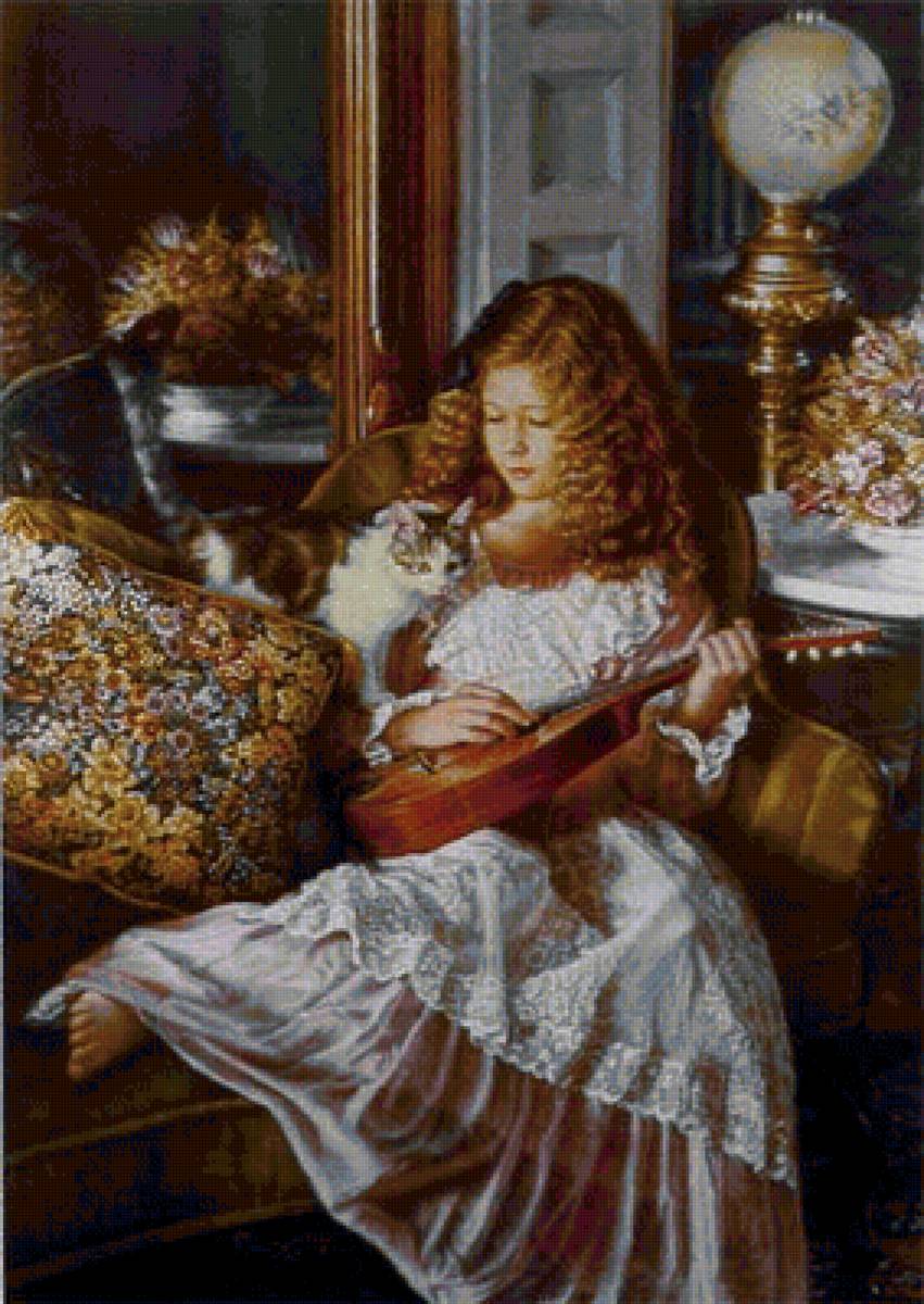 Sandra Kuck Девочка с вакулеле и котенком - sandra, котенок, девочка, вакулеле, kuck - предпросмотр