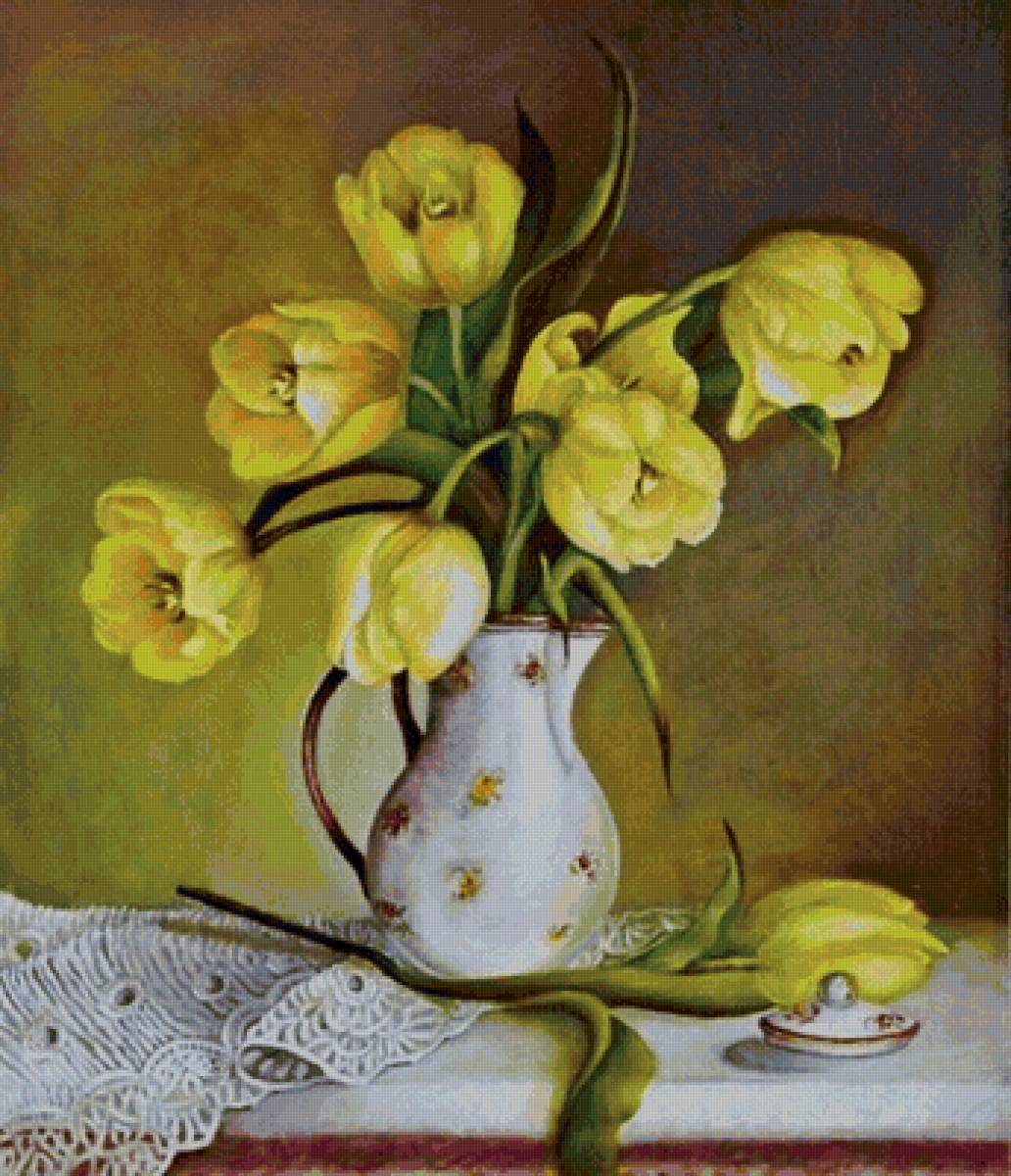 Жёлтые тюльпаны в вазе - ваза, цветы, желтые тюльпаны - предпросмотр