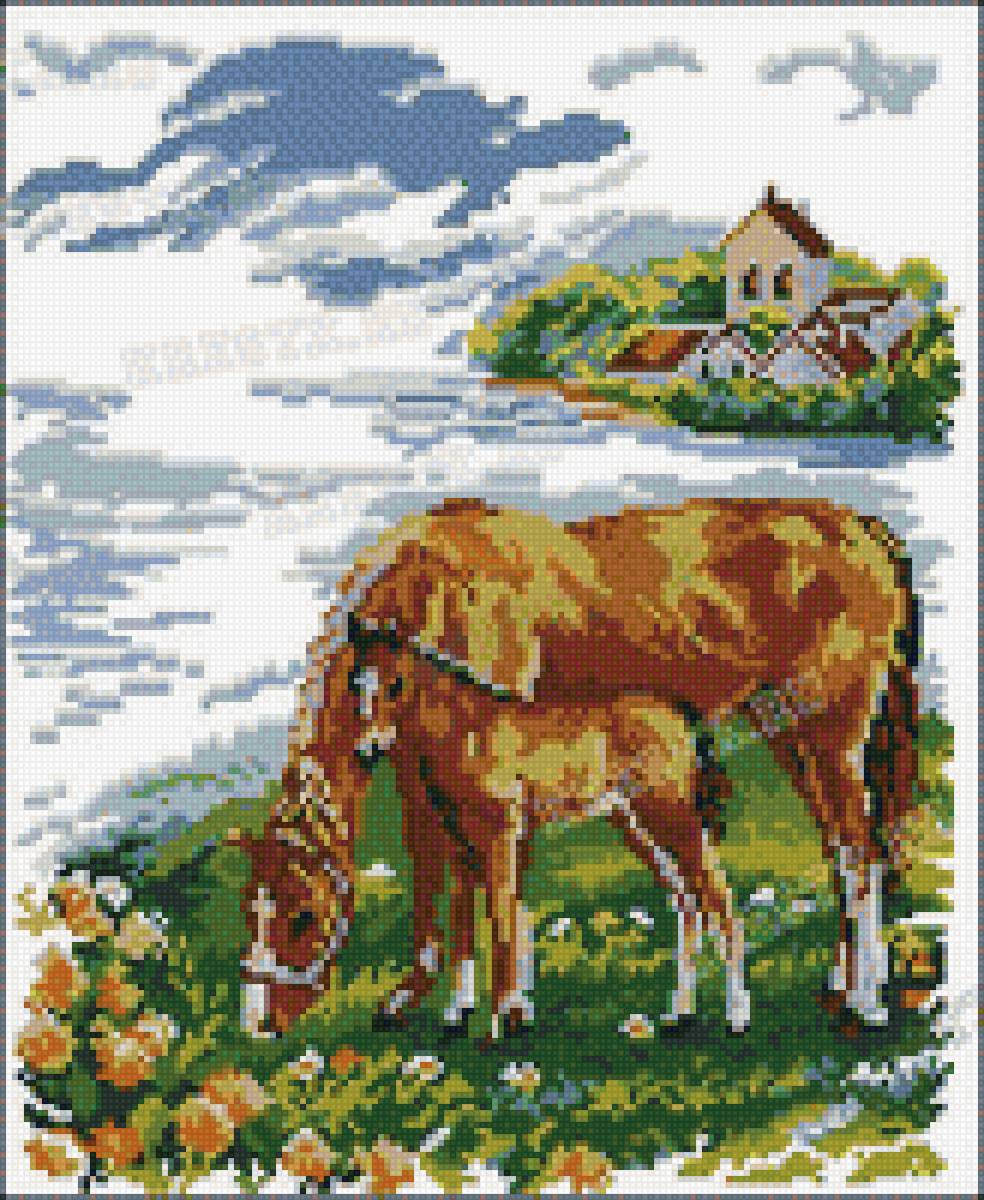 На пастбище - лошади - предпросмотр