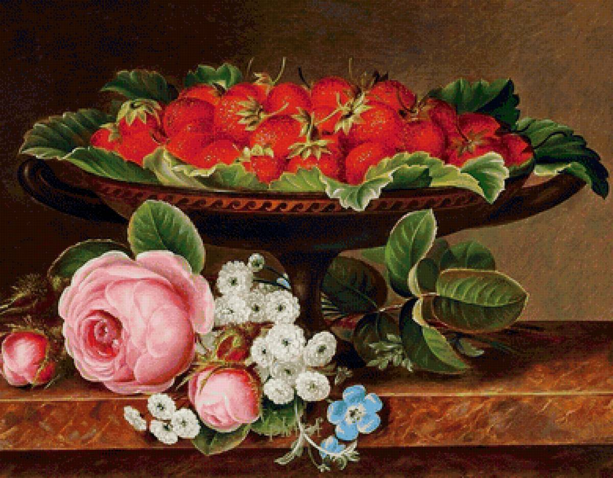 Натюрморт с клубникой - ягоды, клубника, цветы, розы - предпросмотр