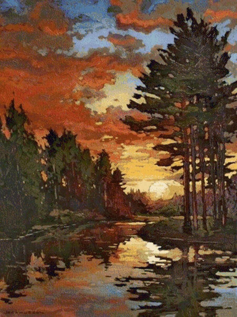 вечернее солнце - вечер, закат, вода, солнце, сосны - предпросмотр