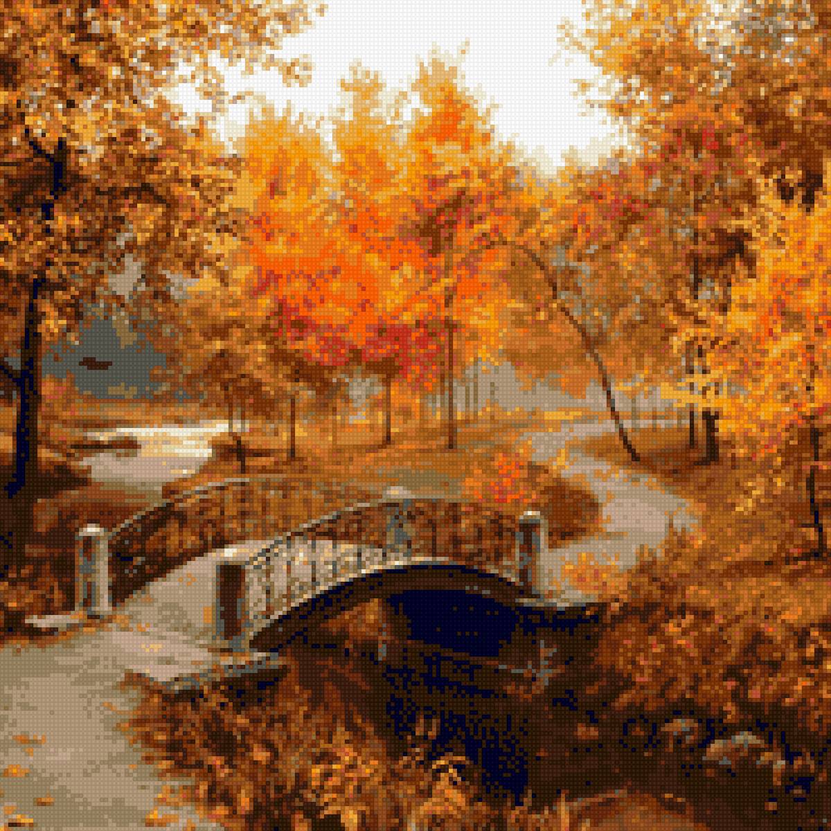 Времена года: Осень. 30*30 - мост, парк, пейзаж, речка, осень - предпросмотр