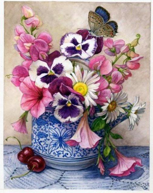 букет с фиалками - бабочка, букет, цветы, фиалки в кувшине - оригинал