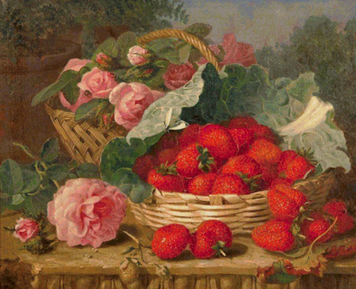 Натюрморт - натюрморт, розы, ягоды, цветы, клубника - предпросмотр