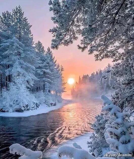 Зимний закат - природа, закат, зима, река, снег - оригинал