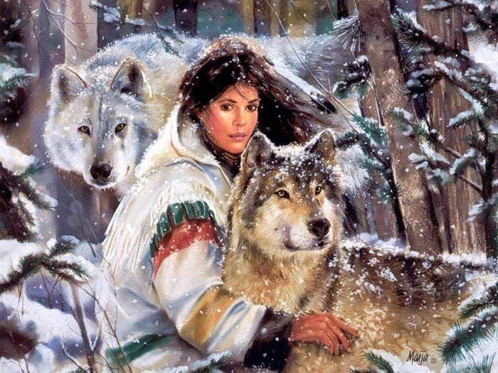 девушка с парой волков - волки, животные, девушка, люди - оригинал
