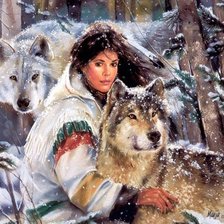девушка с парой волков