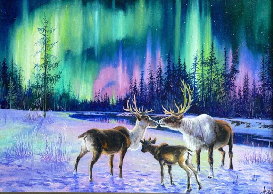 Северное сияние - северное сияние, зимний пейзаж, северные олени, север - оригинал
