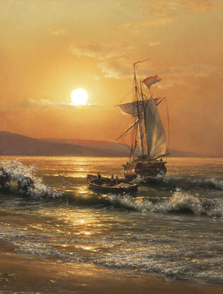 КОРАБЛЬ  В  ЛУННУЮ  НОЧЬ - прибой, море, корабли - оригинал