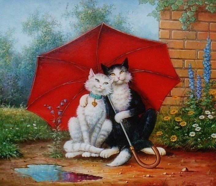 романтика под зонтом - коты, пара, зонт - оригинал