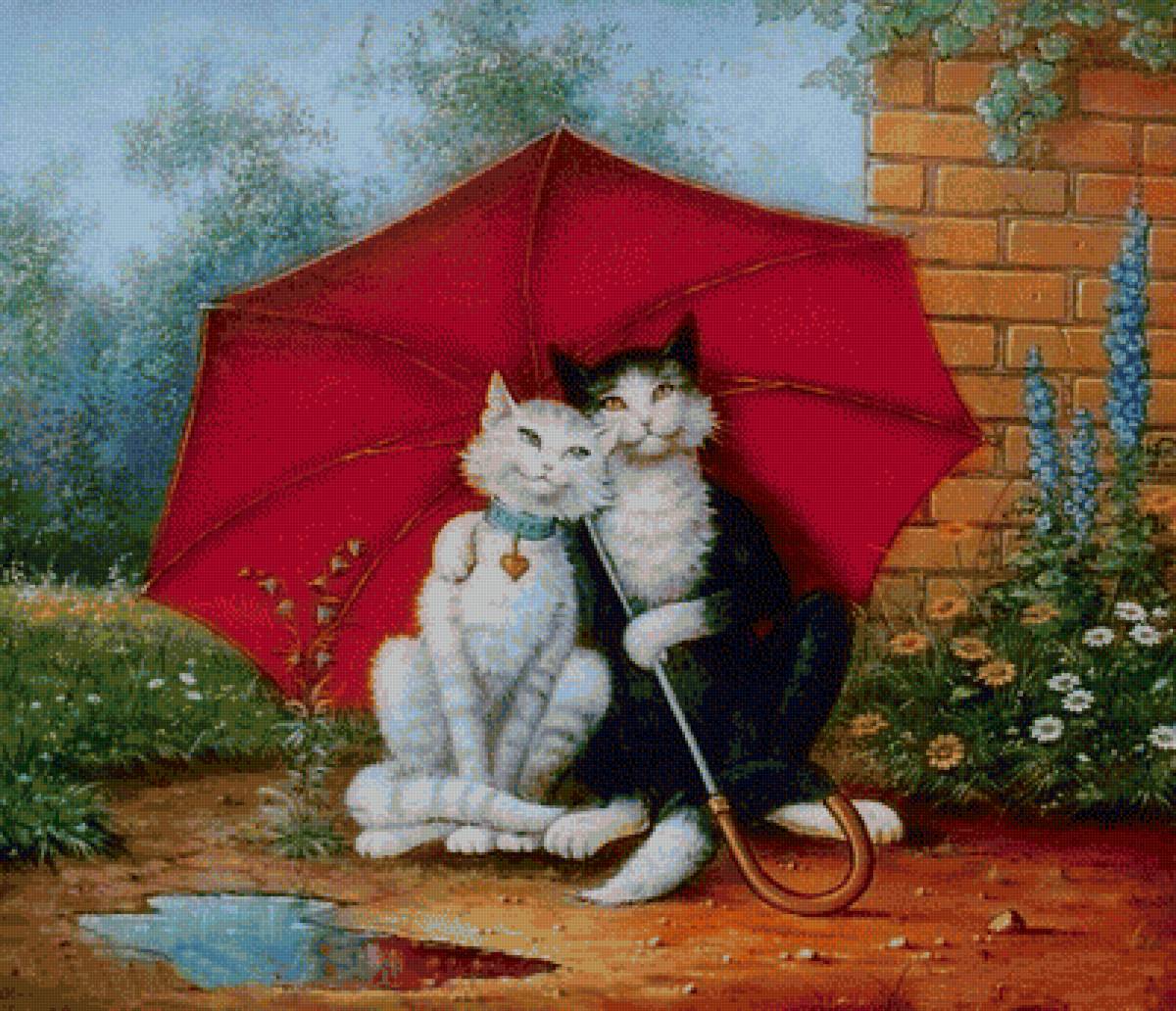романтика под зонтом - коты, пара, зонт - предпросмотр
