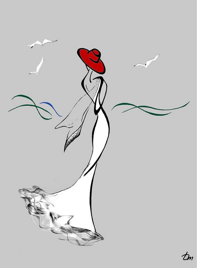 На побережье. - девушка, графика - оригинал