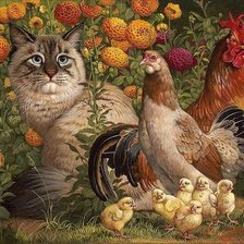 Оригинал схемы вышивки «Кот в цветах и куриное семейство» (№1439719)