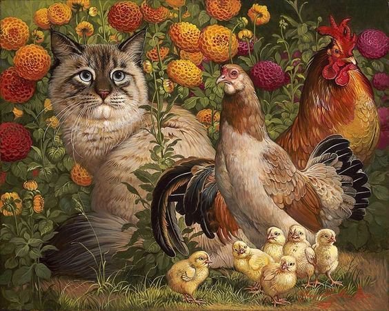 Кот в цветах и куриное семейство - куры, цветы, домашнее хозяйство, природа, кот - оригинал