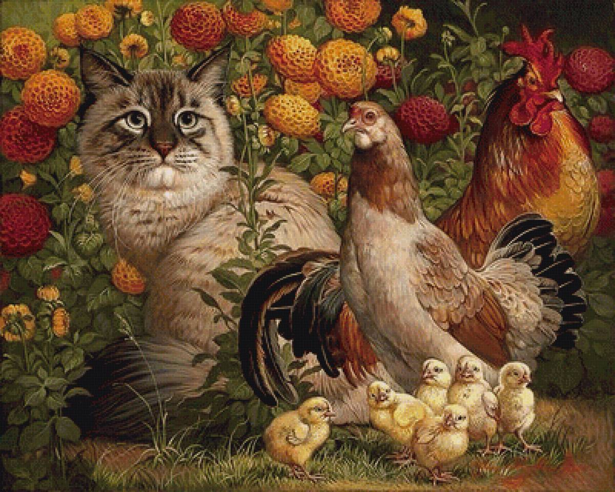 Кот в цветах и куриное семейство - цветы, куры, кот, домашнее хозяйство, природа - предпросмотр